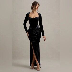 Club L London Fay Dress NWT Black Velvet Corset Long Sleeve Knot Maxi US Size 12